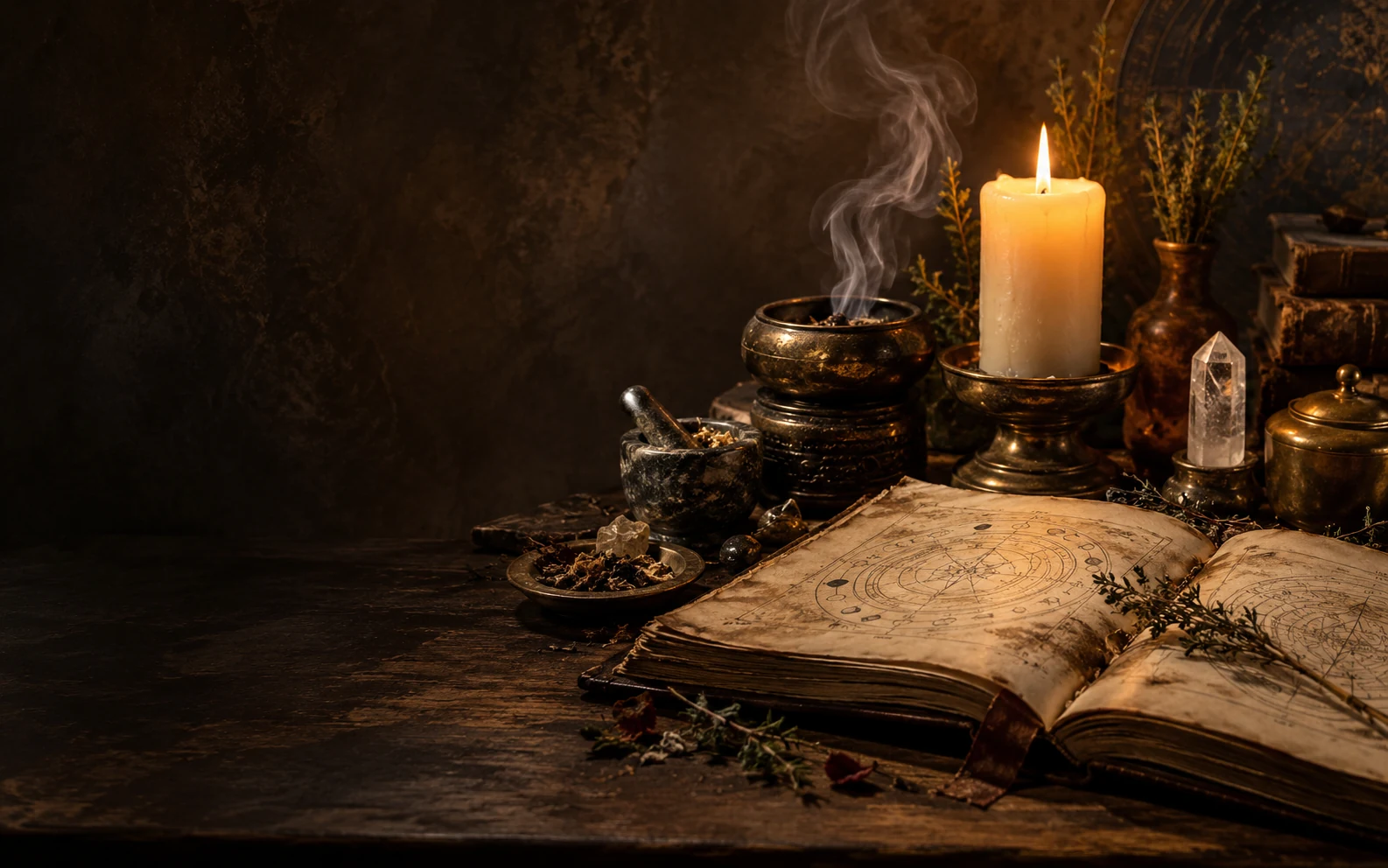 Atmospheric illustration of a ritual altar with a burning candle, incense and an open grimoire.